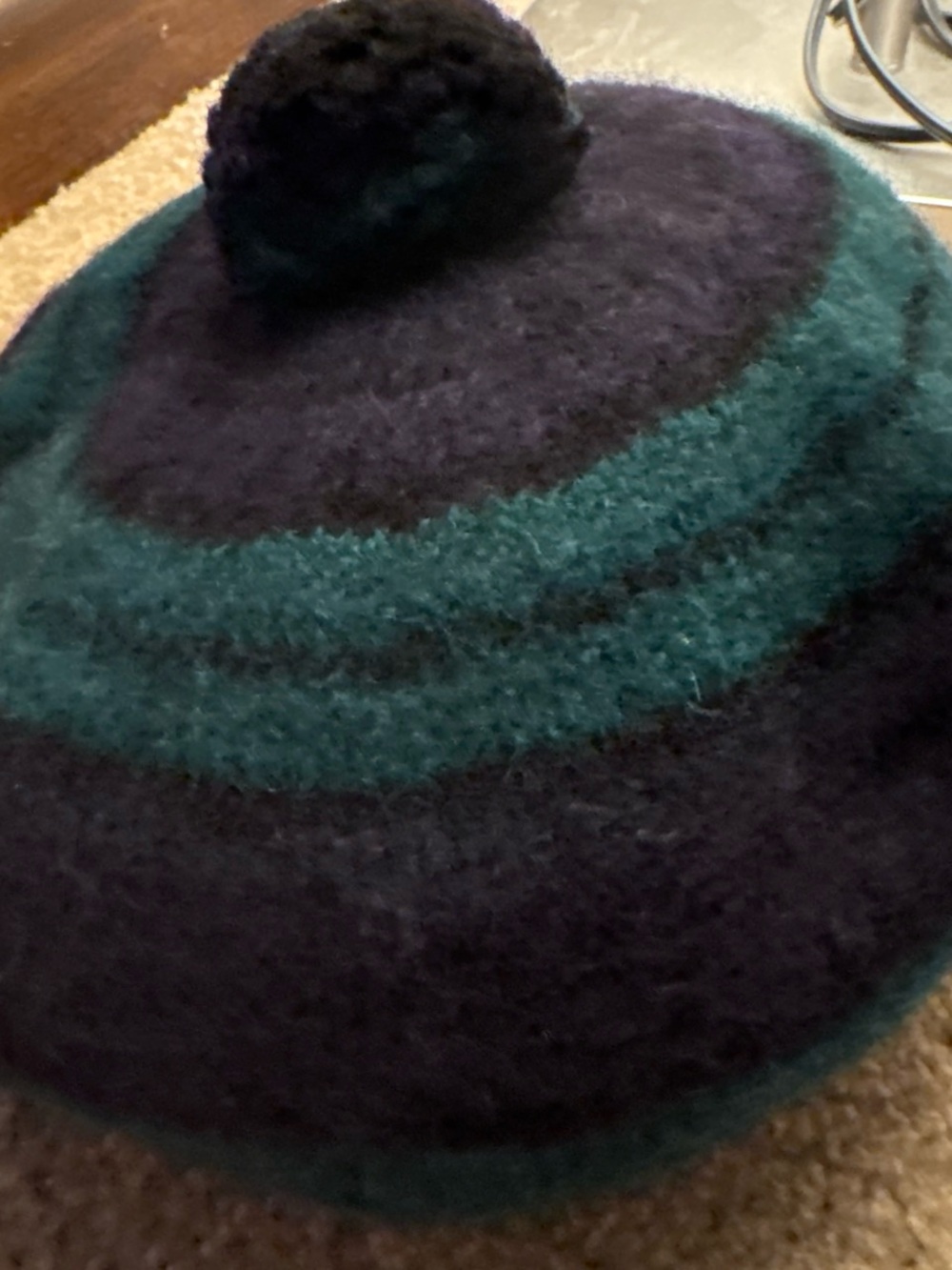Striped Wool Pom-Pom Beret in Teal and Navy